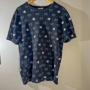 Champion All-Over Repeat Logo T-Shirt | Black & White Streetwear Tee (Size M)